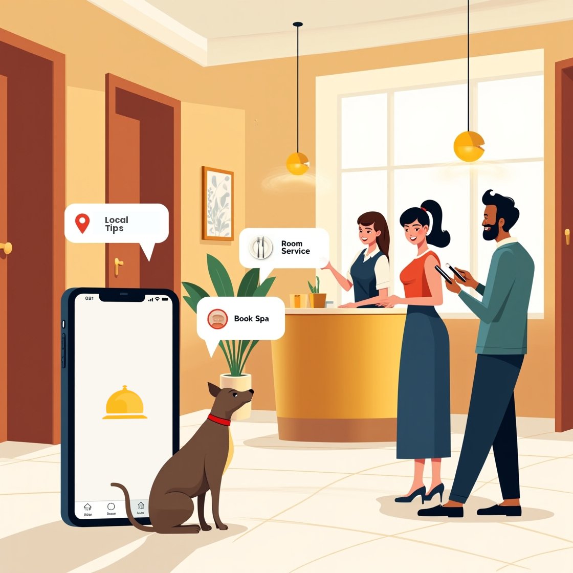 Illustratie die verschillende digitale conciërge apps op mobiele apparaten vergelijkt