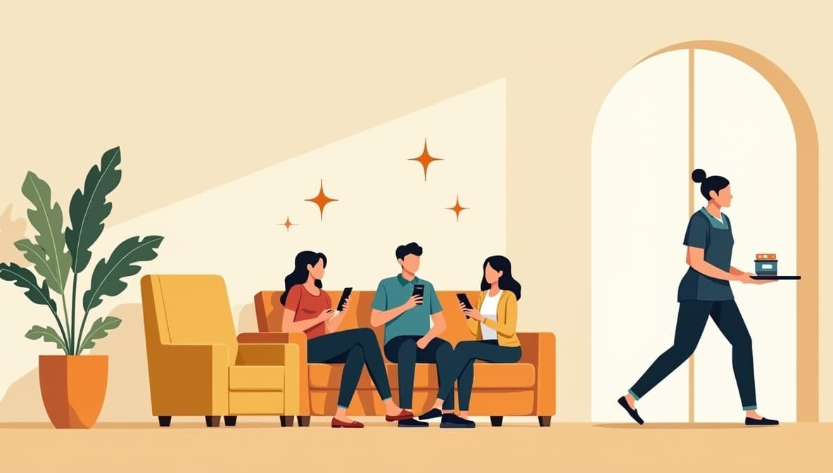 Illustration showing happy hotel guests using a digital concierge app