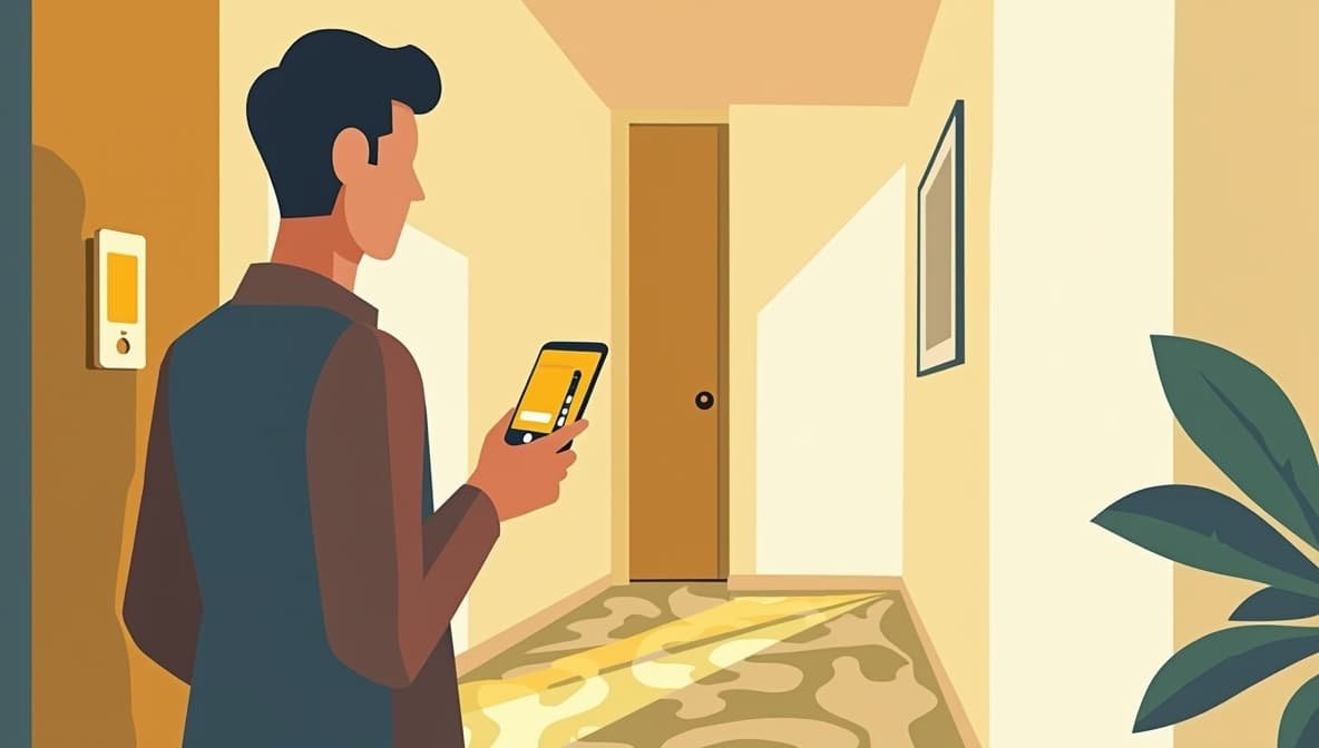 Ospite dell'hotel che utilizza un'app di self-service su smartphone