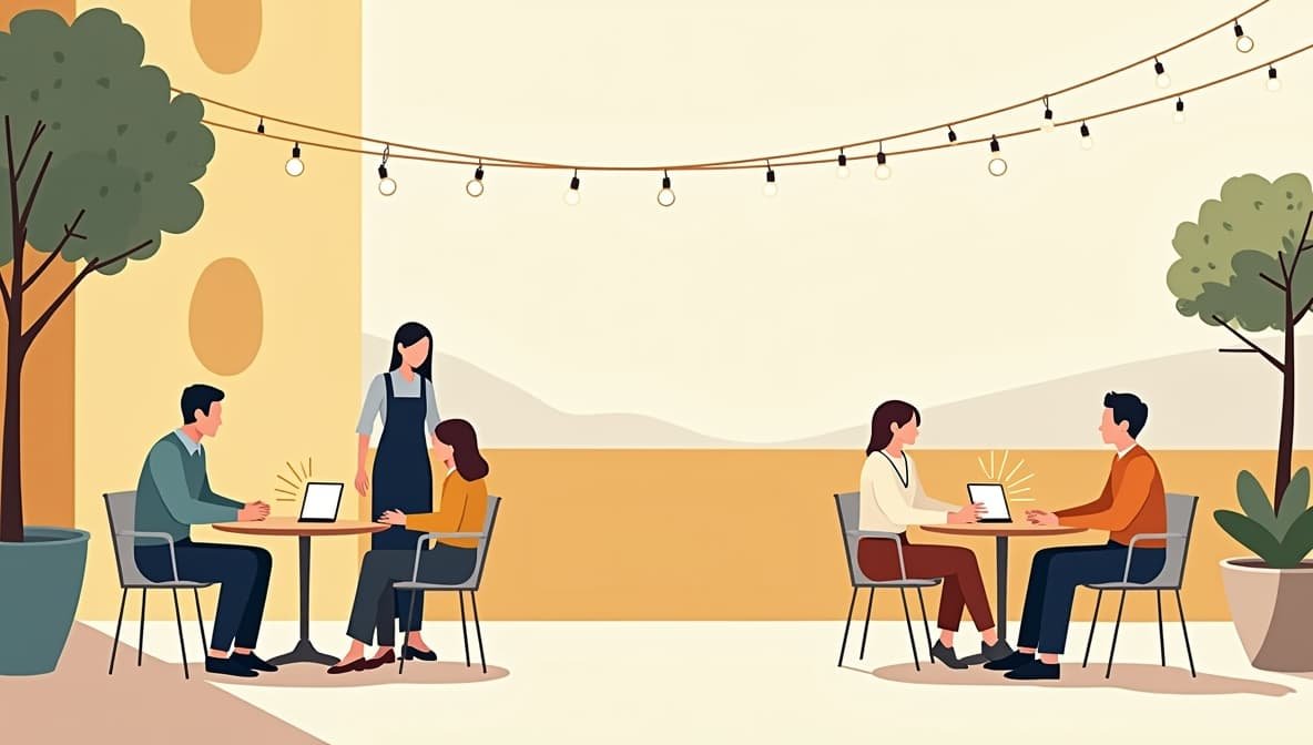Illustration showing hotel staff interacting positively with guests using technology
