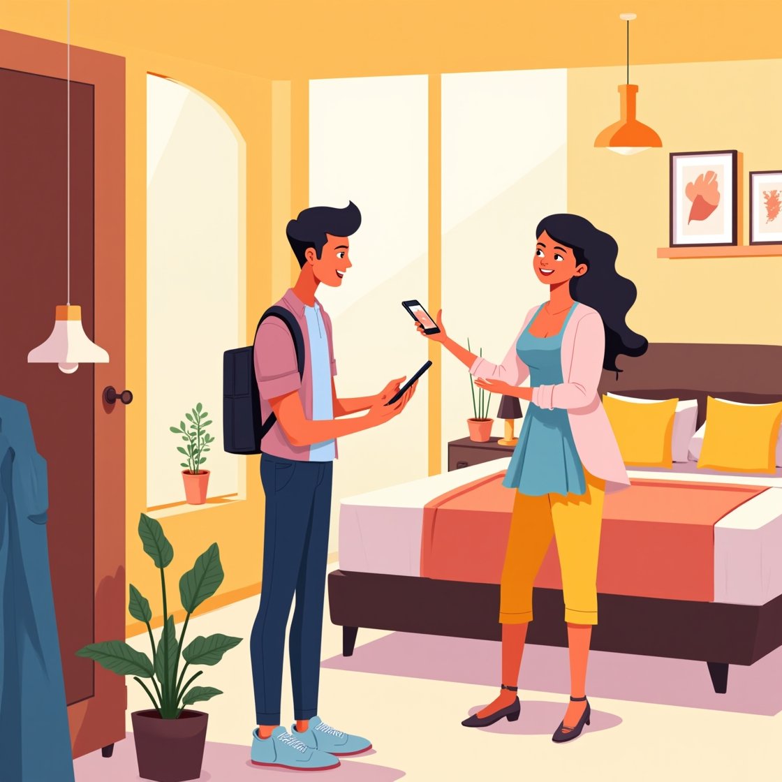 Illustration, die Hotelpersonal zeigt, das positiv mit Gästen unter Verwendung von Technologie interagiert