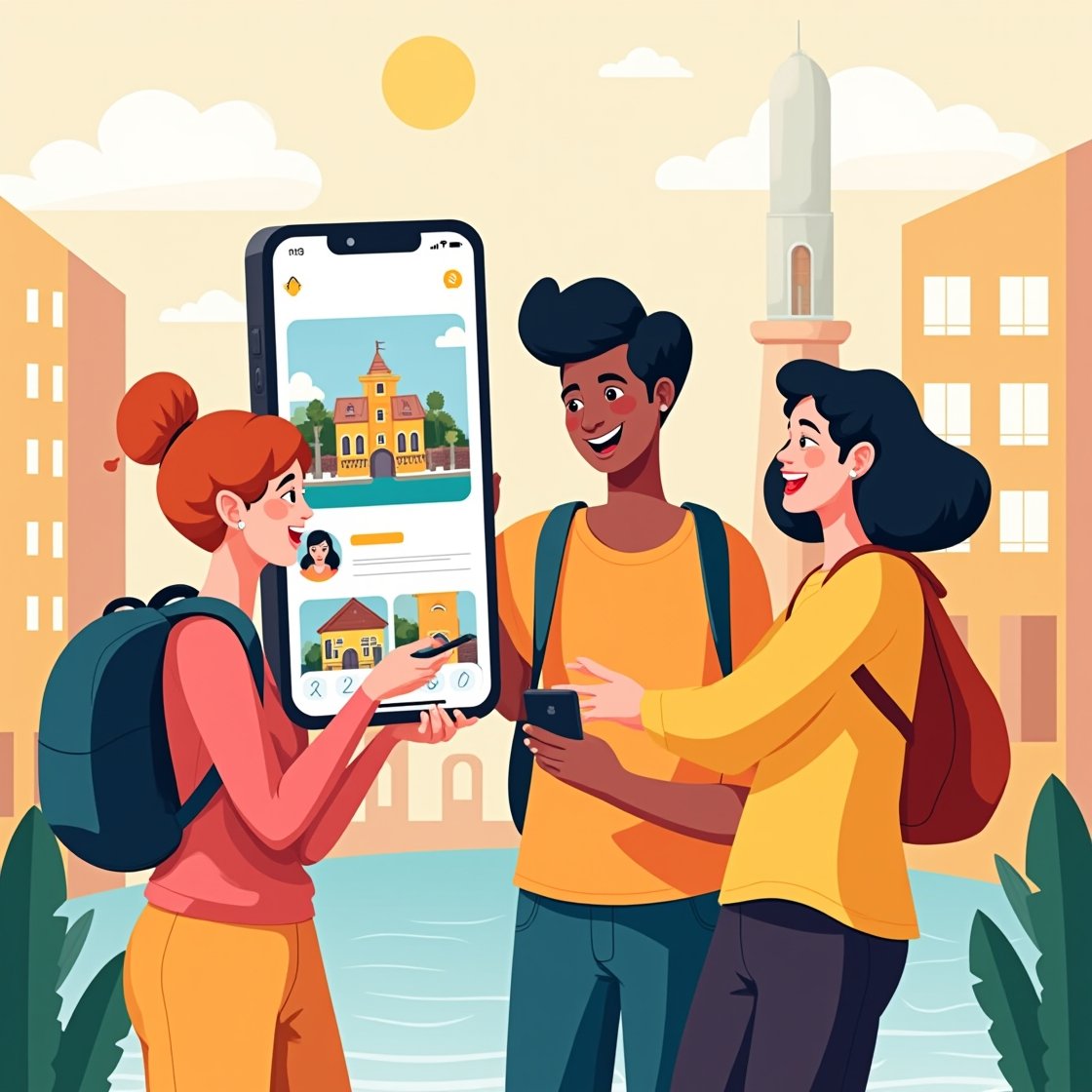 Gast, der glücklich eine Smartphone-App mit personalisierten Hotelempfehlungen verwendet