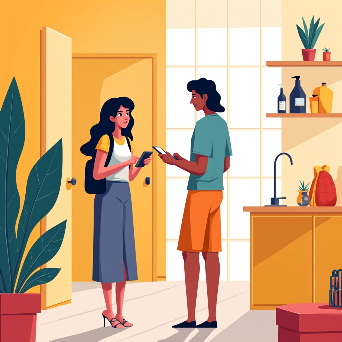 Illustration eines traditionellen Concierge-Schalters und einer digitalen Concierge-App-Oberfläche