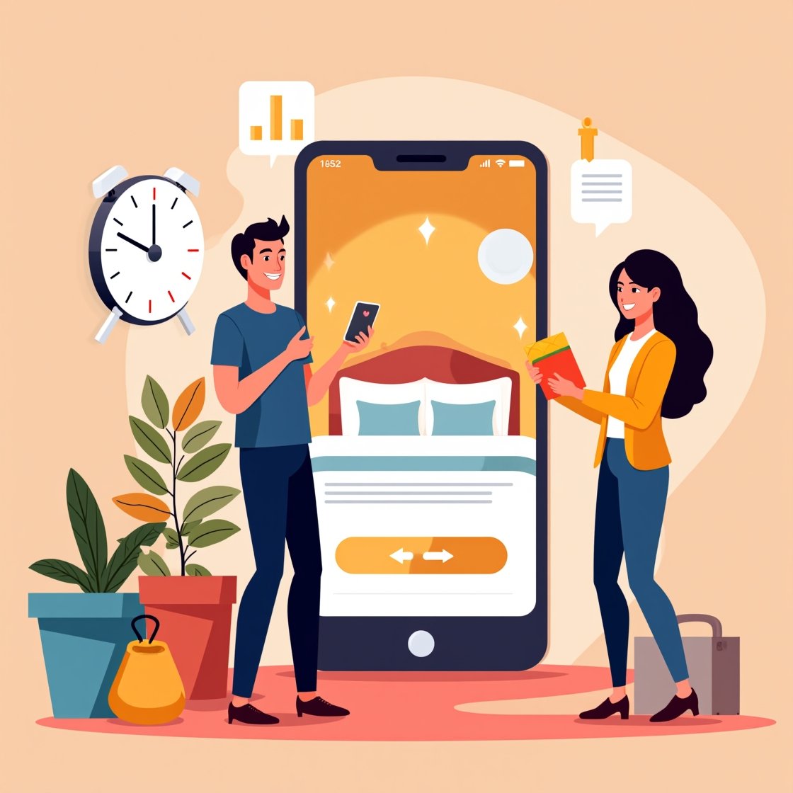 Ilustração mostrando um app de concierge digital num smartphone